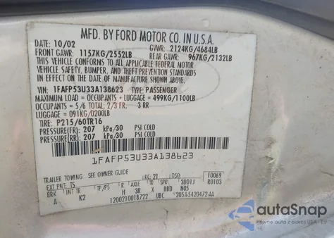 2003 Ford Taurus Se z USA, uszkodzony, nr VIN 1FAFP53U33A138623